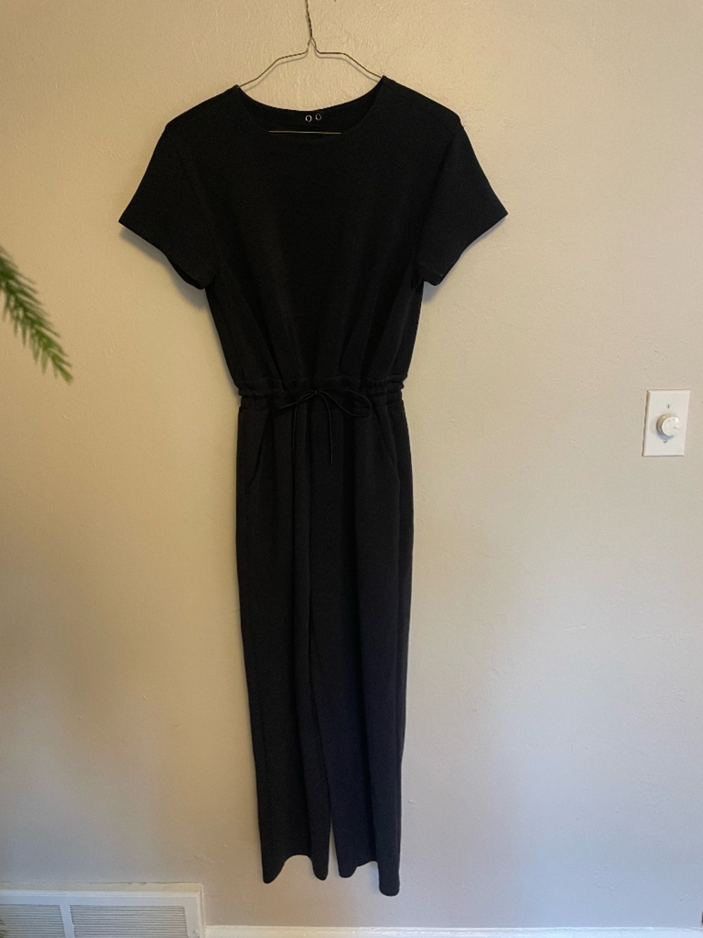 Sweatsuit jumpsuit with cinch waist and snap closure - short sleeve - wide leg